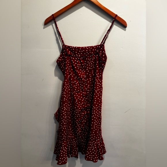Princess Polly Burgundy Polka Dot Mini Dress short ruffle cottage core vacation - Picture 8 of 12